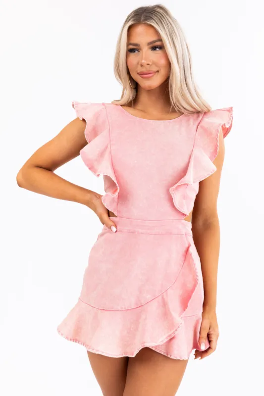 Flying Tomato Coral Acid Wash Ruffle Denim Romper sold by Lime Lush