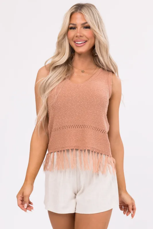 Papaya Fringe Hem V Neck Knit Tank Top sold by Lime Lush