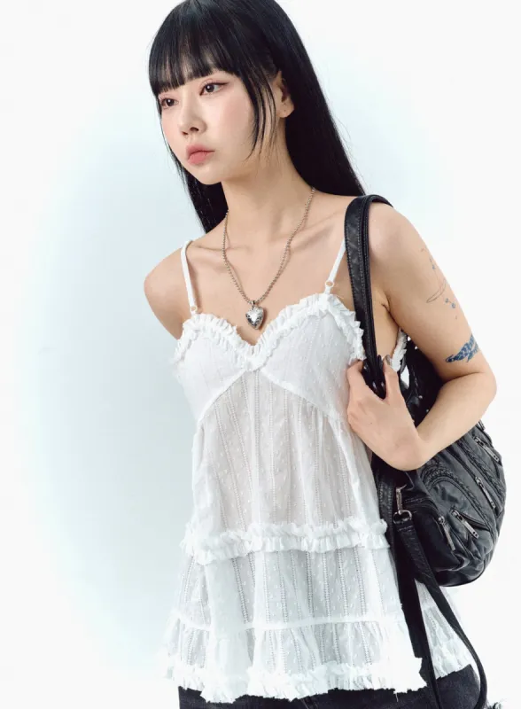 トップス ACLENT Lace frill camisole LXYZXZ Women's Chic Ruffle Top Front Ruffle Trim Tie