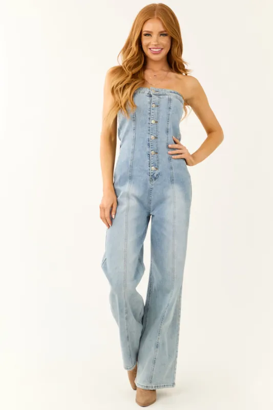 Medium Wash Denim Strapless Jumpsuit sold by Lime Lush