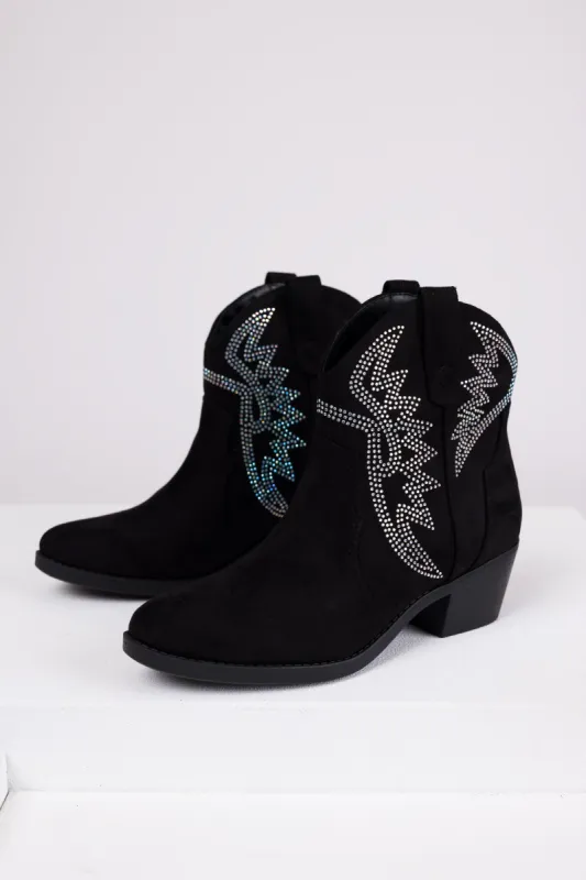 Black Rhinestone Detail Western Booties sold by Lime Lush