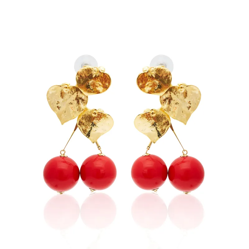 Satin Gold Leaves & Cherry Drop Post Earrings sold by Kenneth Jay Lane