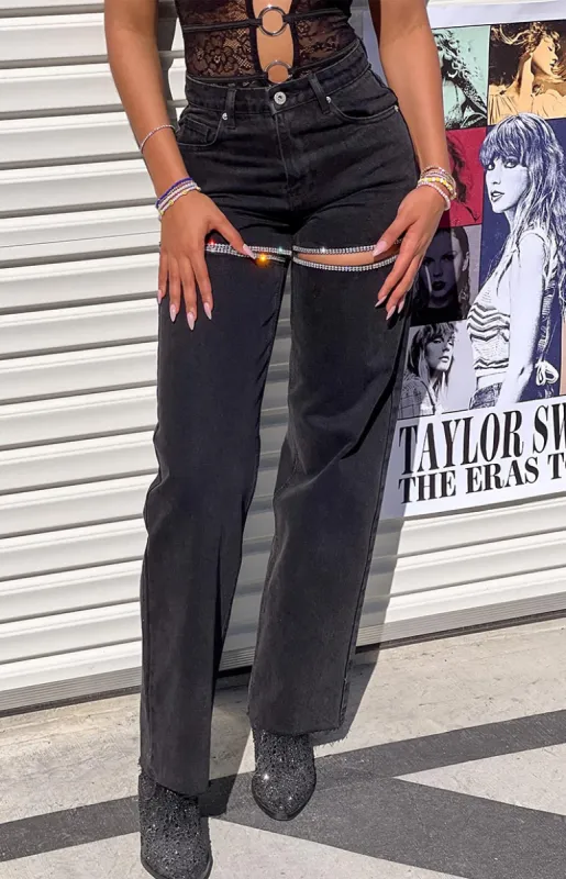 Gem Diamante Trim Wide Leg Black Denim Jeans sold by Beginning Boutique