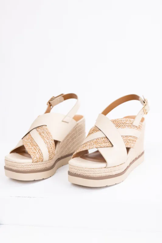 Beige Cross Strap Espadrille Platform Wedges sold by Lime Lush