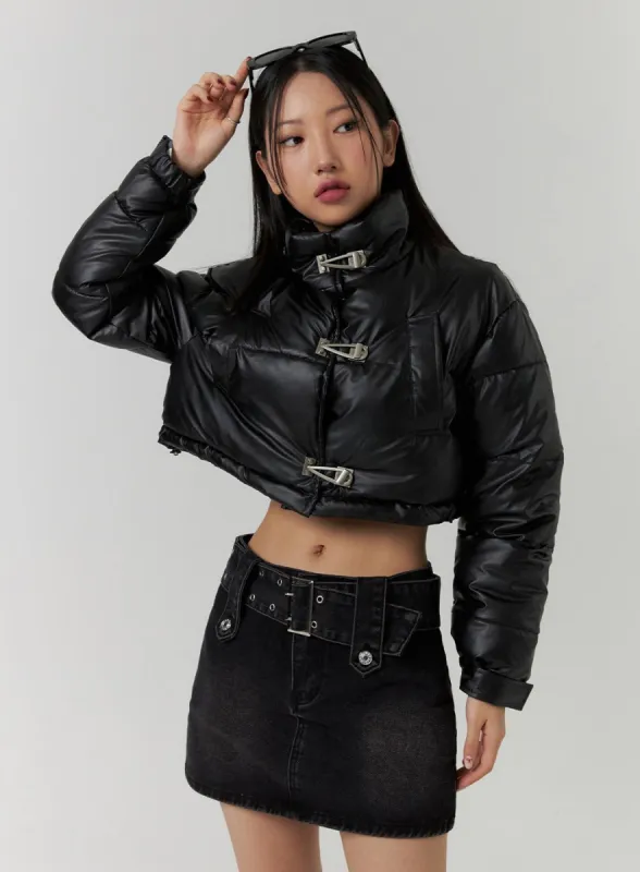 Faux Leather Three-Buckled High Neck Puffer Jacket CD315 sold by Lewkin