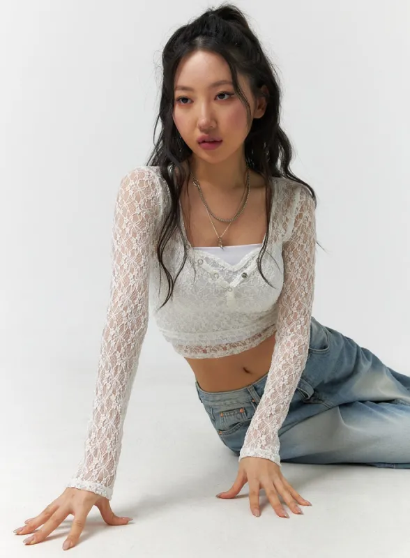 Floral Lace Button Crop Top CF405 sold by Lewkin