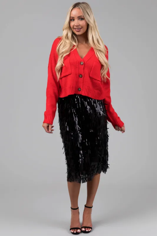 Black Fringe Sequin Elastic Midi Skirt sold by Lime Lush