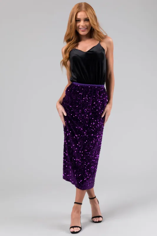 Grape Velvet Sequined Elastic Midi Skirt sold by Lime Lush