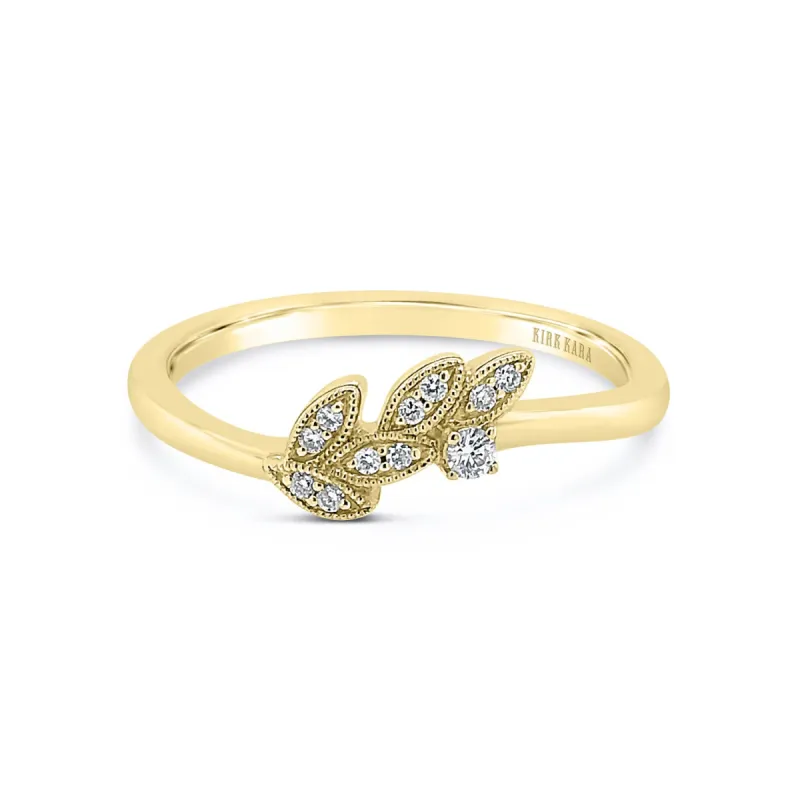 14K Yellow Gold Boho Leaf Contoured Pavé Diamond Wedding Band sold by Kirk Kara