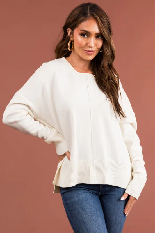 Cream Long Sleeve Front Seam Knit Sweater sold by Lime Lush