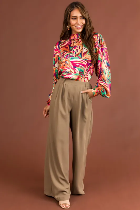 Taupe Elastic Waist Wide Leg Dress Pants sold by Lime Lush