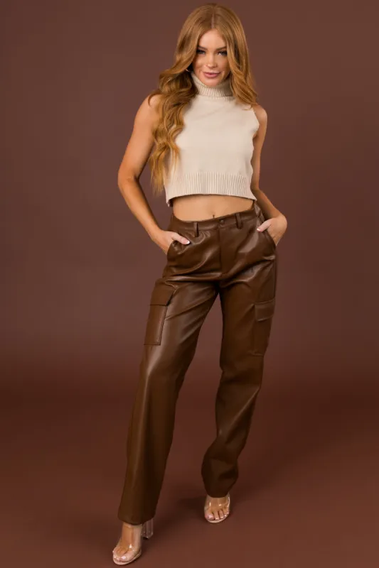 Sepia Faux Leather Cargo Straight Leg Pants sold by Lime Lush