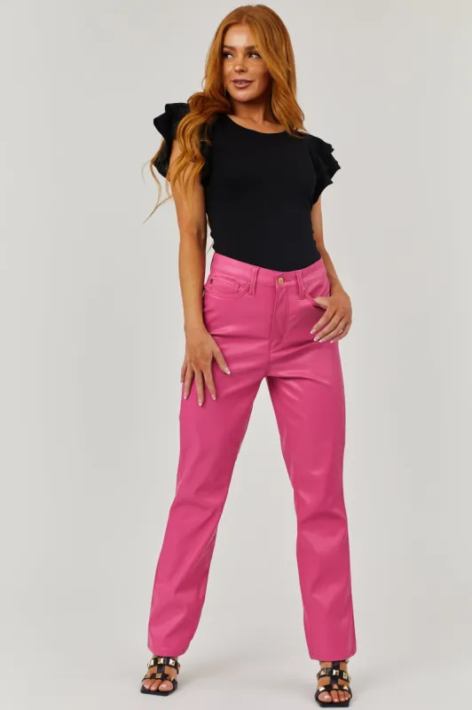 Judy Blue Pink Faux Leather Tummy Control Straight Pants sold by Lime Lush