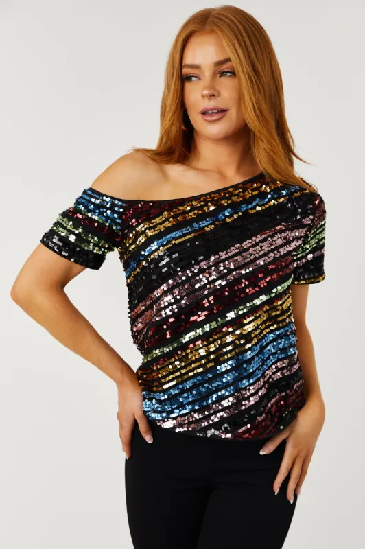 Black Multicolor Sequin Off Shoulder Top sold by Lime Lush
