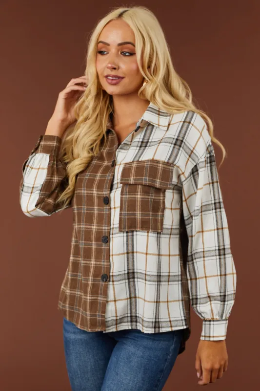 Coffee and Off White Button Up Plaid Flannel sold by Lime Lush