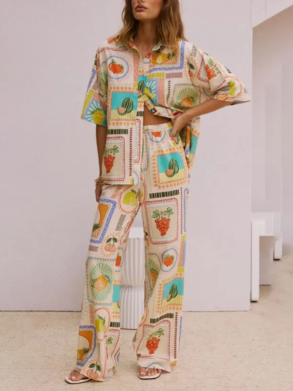 Casual Fashion Unique Print Loose Short-Sleeved Shirt Straight Pants Set sold by Like My Choice