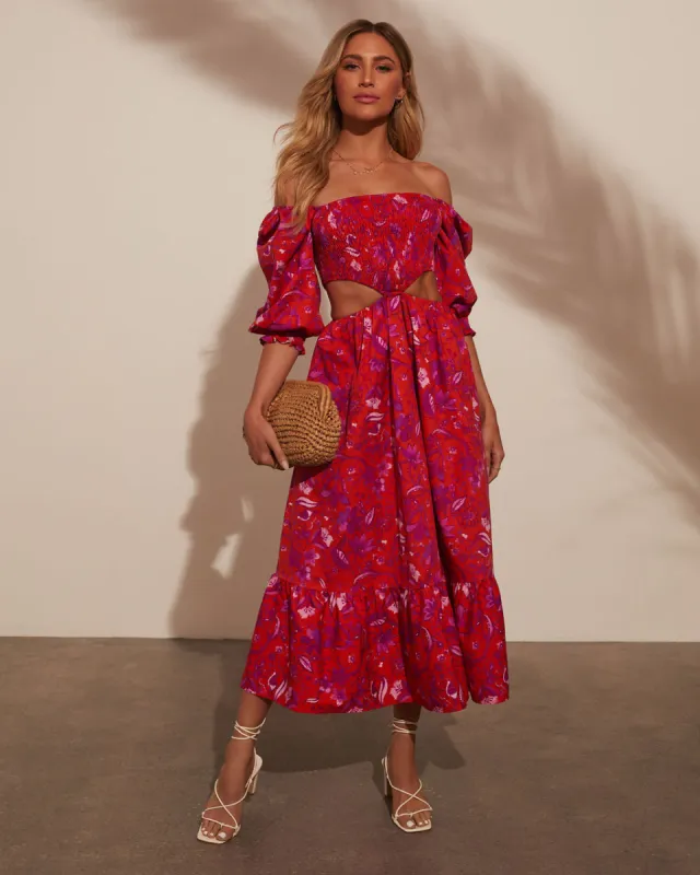 Iris Smocked Puff Sleeve Cutout Midi Dress sold by Vici