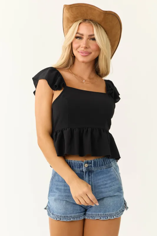 Black Flutter Sleeve Tie Back Peplum Blouse sold by Lime Lush