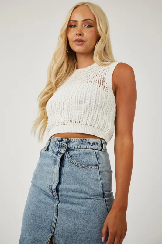 Off White Cropped Sleeveless Loose Knit Top sold by Lime Lush