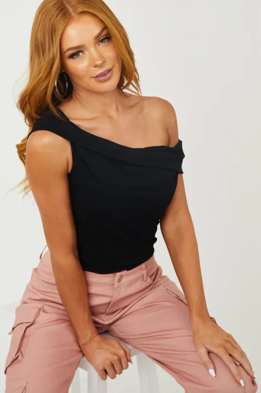 Black Draped Off the Shoulder Knit Top sold by Lime Lush