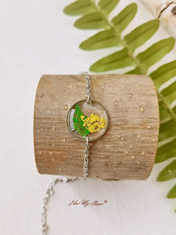 Yellow Queen Anne Lace Handmade Pressed Flower Forest Fern Resin Leaf Round Bracelet sold by Like My Choice