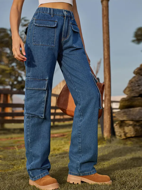 Washed Multi-Pocket Denim Cargo Jeans sold by Like My Choice