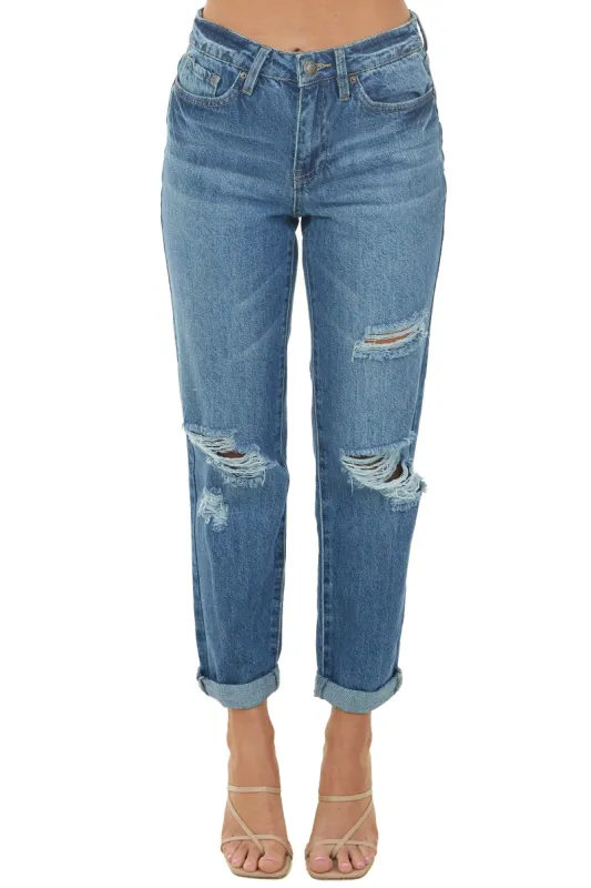 YMI Medium High Waisted Distressed Boyfriend Jeans sold by Lime Lush