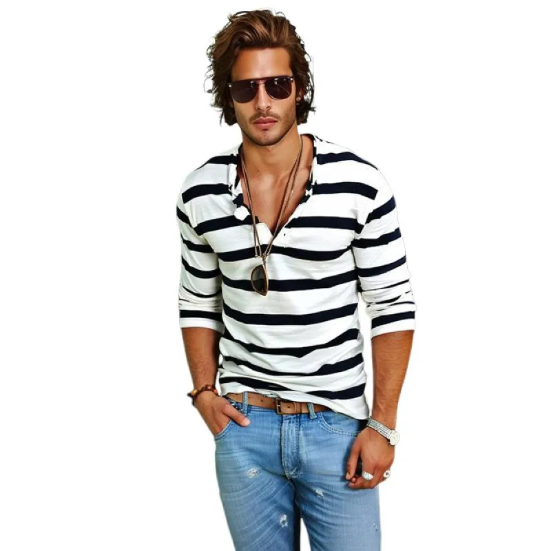 Men's Casual Striped Henley Collar Cotton Blend Long Sleeve T-Shirt 74002086Y sold by Manly