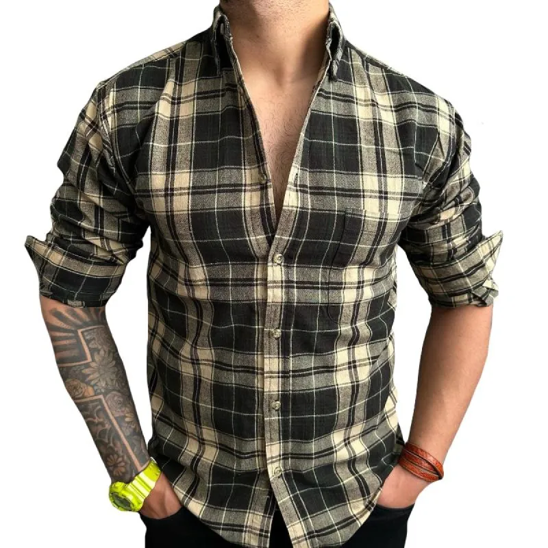 Men's Vintage Check Pocket Lapel Long Sleeve Shirt 00562118TO sold by Manly