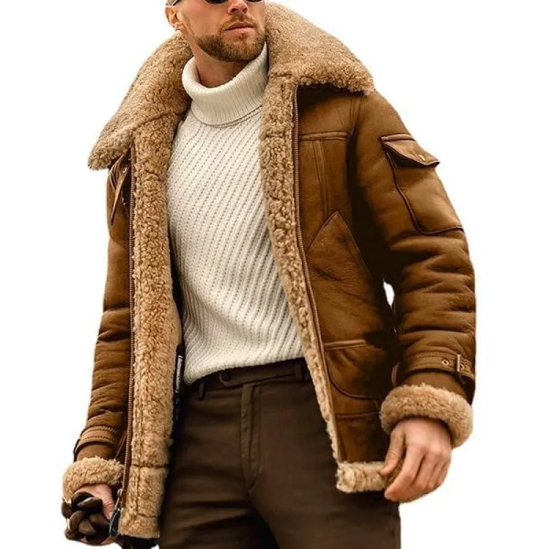Men's Vintage Winter Lambswool Warm Lapel Multi-pocket Thick Coat 41317609M sold by Manly