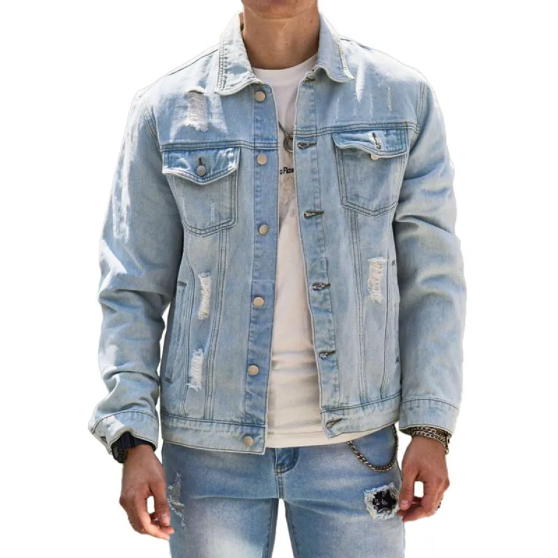 Men's Fashion Distressed Lapel Single Breasted Denim Jacket 21976847Z sold by Manly