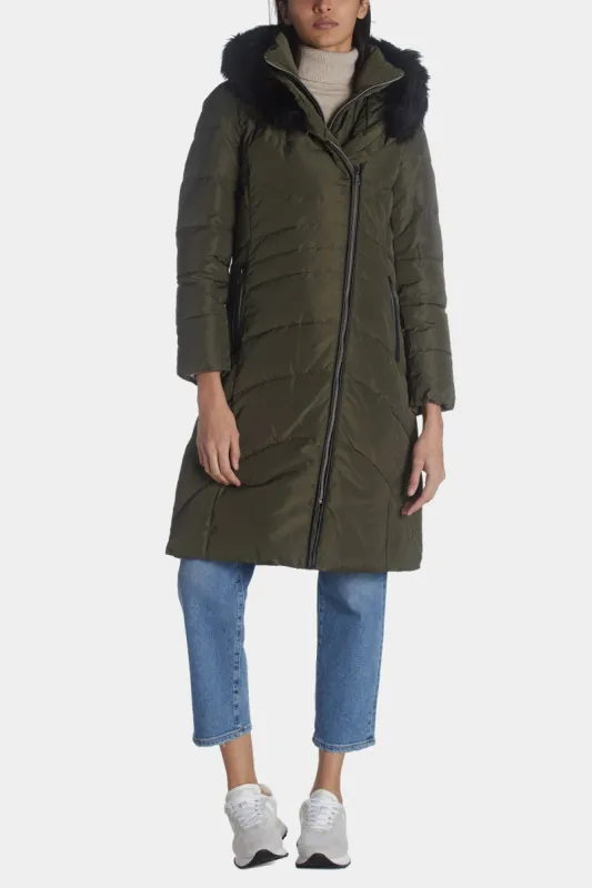 Faux Fox Trim Taffeta Down Hooded Asymmetrical Coat sold by Lord & Taylor