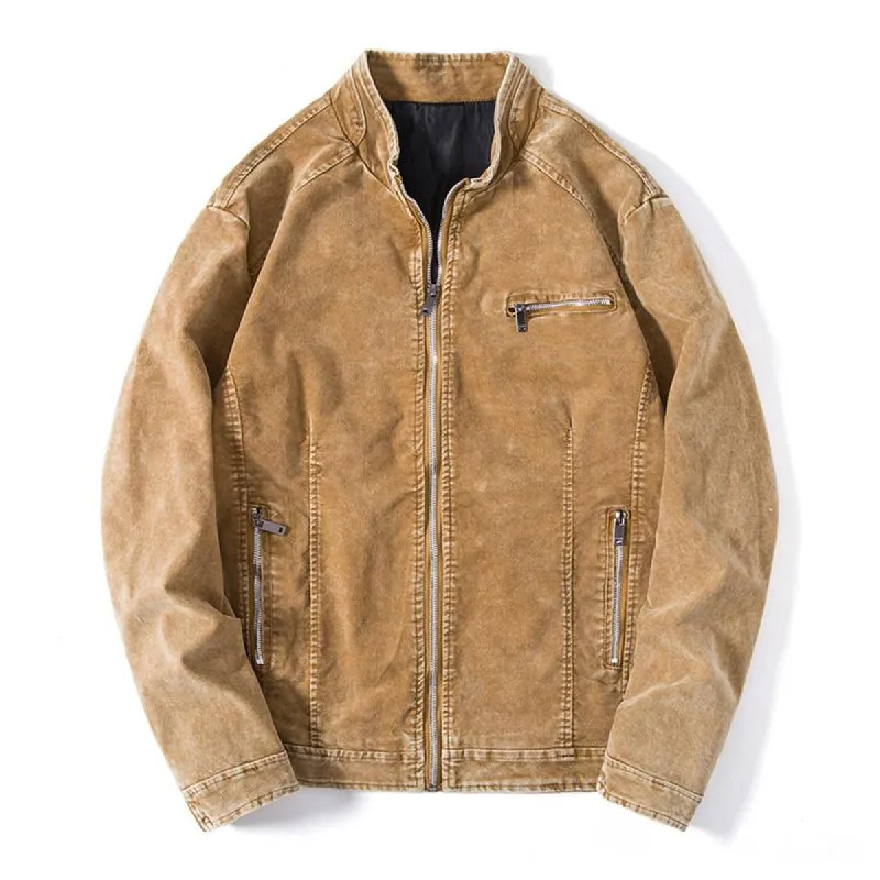 Men's Vintage Washed Distressed Stand Collar Zipper Denim Jacket 38335876M sold by Manly