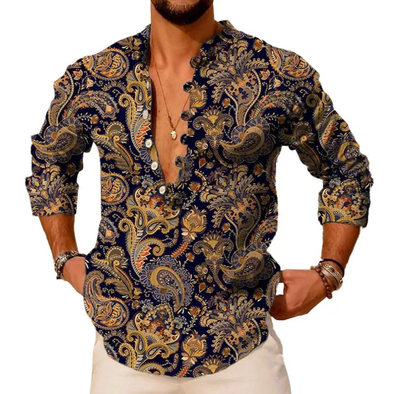 Men's Vintage Paisley Print Henley Collar Long Sleeve Shirt 76827343Y sold by Manly