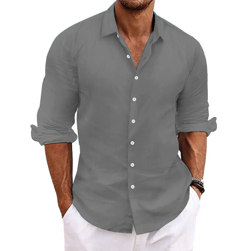 Men's Casual Solid Color Cotton Linen Long Sleeve Lapel Shirt 72929978M sold by Manly
