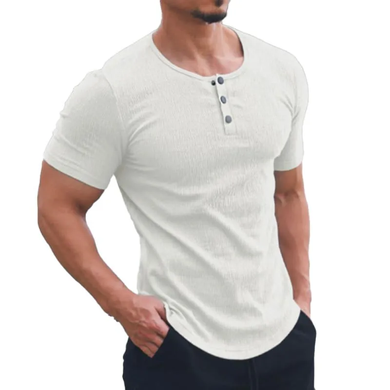 Men's Casual Solid Color Henley Collar Short Sleeve T-Shirt 31464635Y sold by Manly