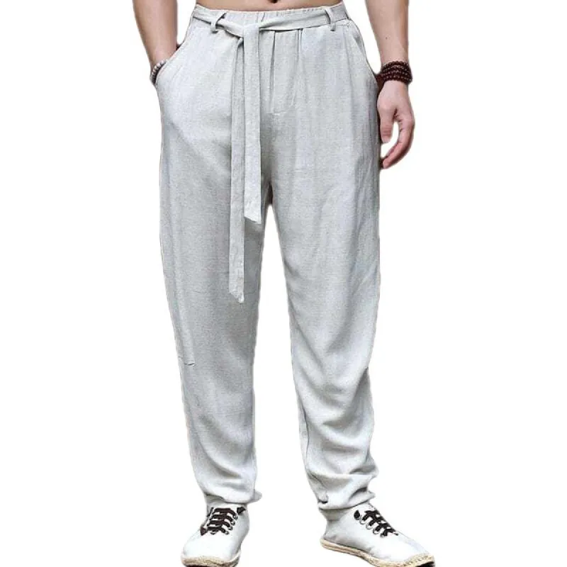 Men's Solid Color Cotton And Linen Loose With Belt Trousers 24480296Z sold by Manly