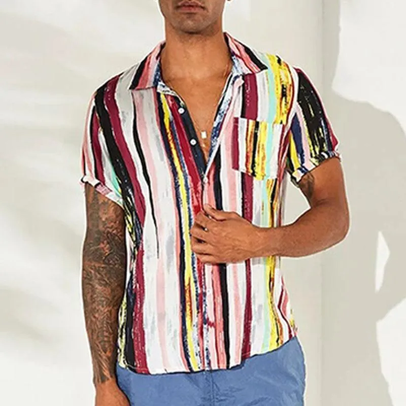 Men's Casual Loose Striped Printed Short Sleeve Shirt 12479951M sold by Manly