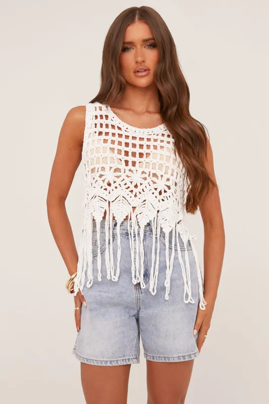 White Crochet Sleeveless Cropped Top - Carin sold by Rebellious Fashion