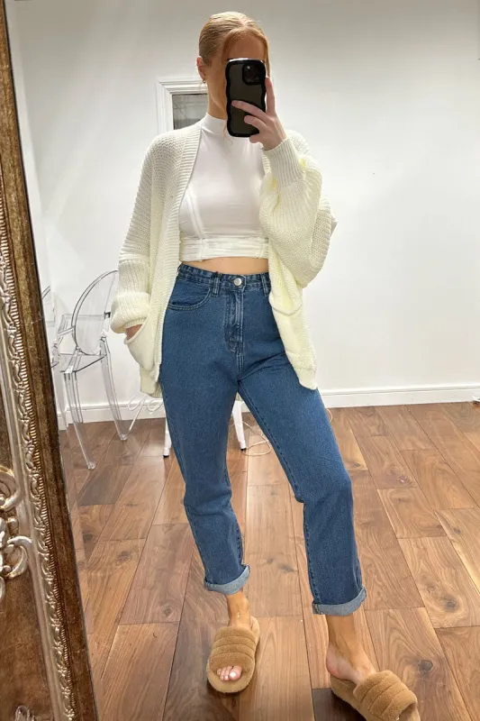 Mid Blue High Waist Turn Up Hem Wide Leg Jeans - Bianka sold by Rebellious Fashion