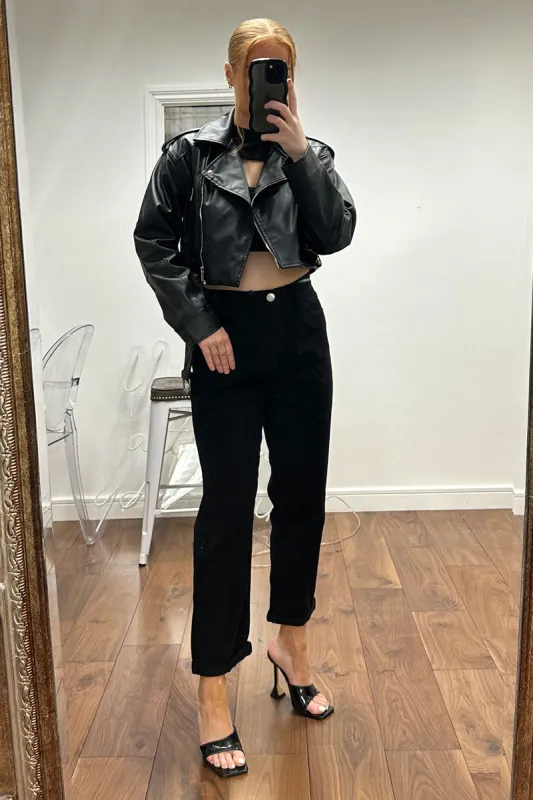 Black High Waist Turn Up Hem Wide Leg Jeans - Bianka sold by Rebellious Fashion