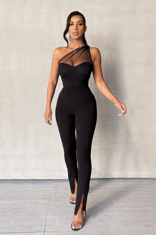 Black Polka Mesh Corset One Shoulder Bodysuit - Carrie sold by Rebellious Fashion