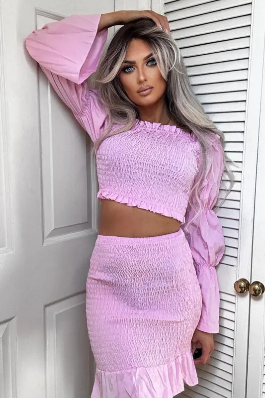 Pink Shirring Detail Bardot Top & Mini Skirt Co-ord Set