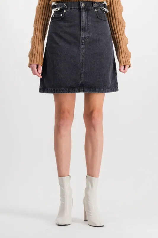 Chain link denim mini skirt sold by Renaisa