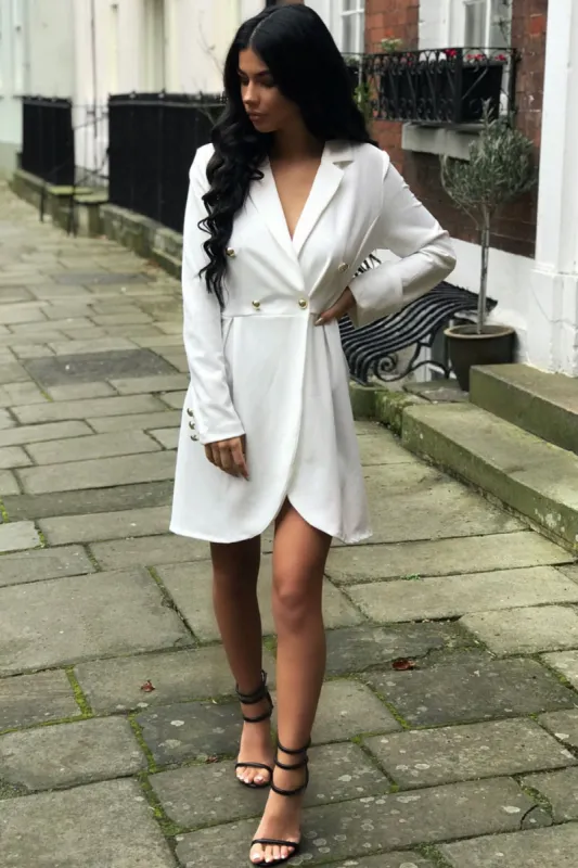 White Button Detail Blazer Dress - Kayleigh sold by Rebellious Fashion