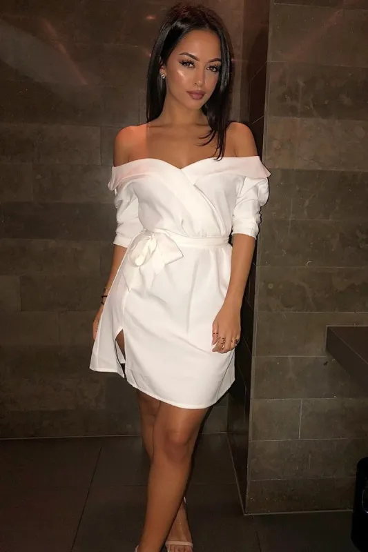White Belted Bardot Skater Dress - Jencie sold by Rebellious Fashion