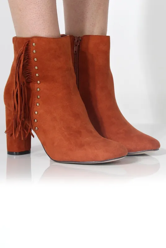 Rosaleen Tan Suede Tassel Boots sold by Rebellious Fashion
