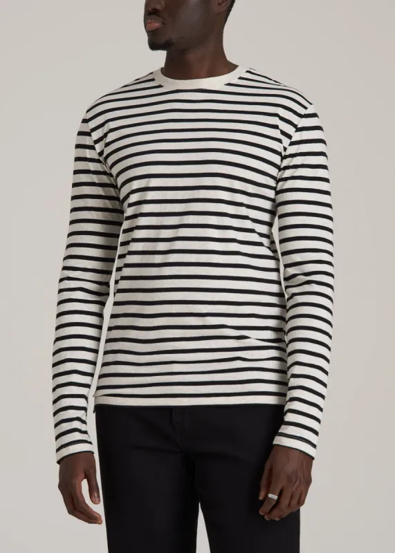 Long Sleeve Striped Tall Men's Tee in Beige Heather and Black Stripe sold by American Tall