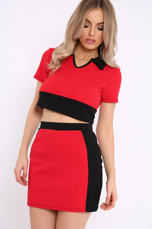 Red and Black Crop Top and Mini Skirt Co-ord - Kasie sold by Rebellious Fashion