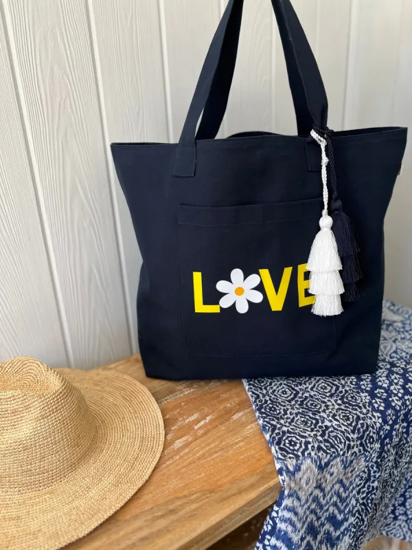 Everything Bag Navy with White/Yellow Daisy LOVE sold by Quilted Koala